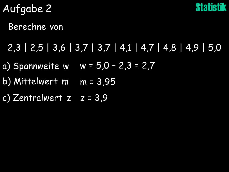 Aufgabe 2 Berechne von. 2,3 | 2,5 | 3,6 | 3,7 | 3,7 | 4,1 | 4,7 | 4,8 | 4,9 | 5,0. a) Spannweite w.