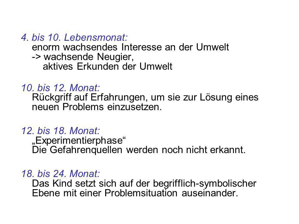 4. bis 10. Lebensmonat: enorm wachsendes Interesse an der Umwelt -> wachsende Neugier, aktives Erkunden der Umwelt