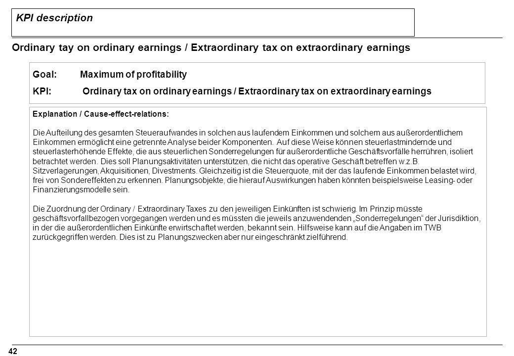 KPI description Ordinary tay on ordinary earnings / Extraordinary tax on extraordinary earnings. Goal: Maximum of profitability.