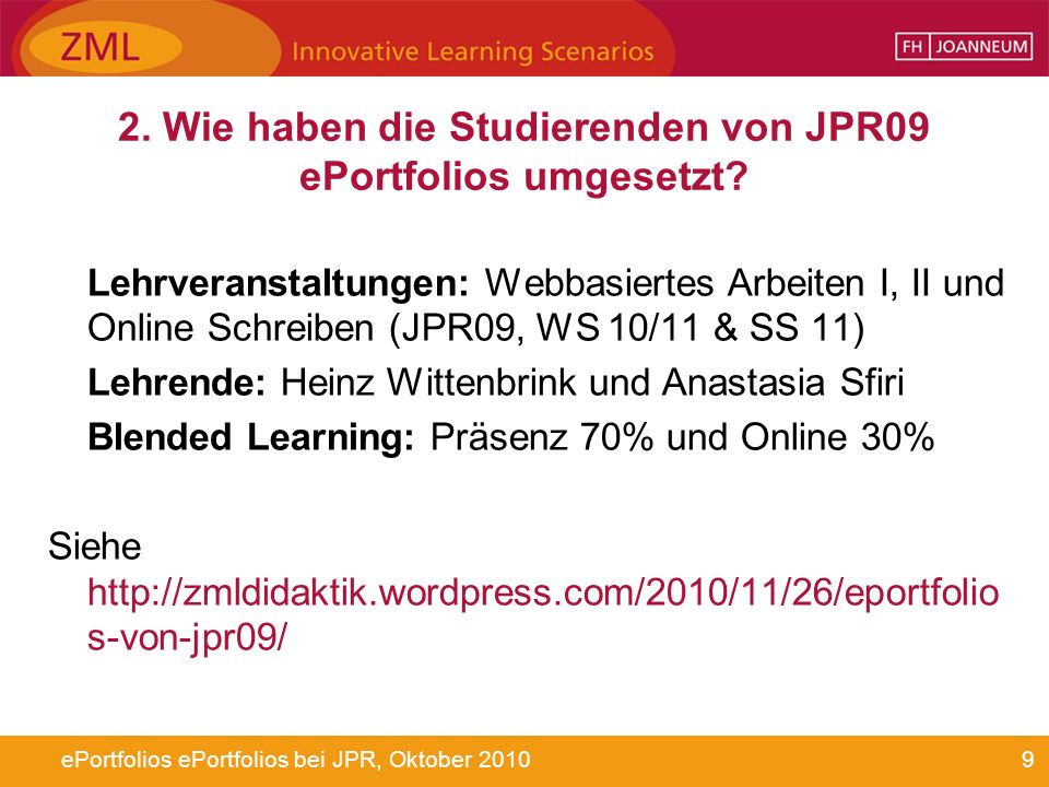 2. Wie haben die Studierenden von JPR09 ePortfolios umgesetzt