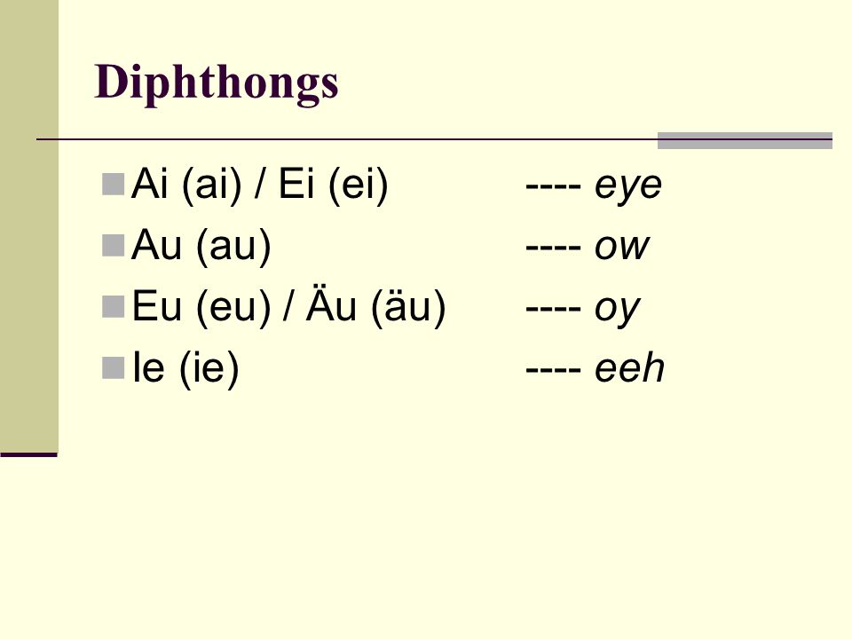 Diphthongs Ai (ai) / Ei (ei) ---- eye Au (au) ---- ow
