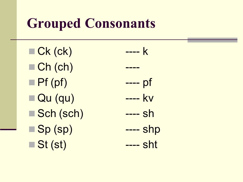 Grouped Consonants Ck (ck) ---- k Ch (ch) ---- Pf (pf) ---- pf