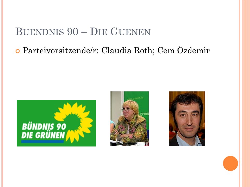 Buendnis 90 – Die Guenen Parteivorsitzende/r: Claudia Roth; Cem Özdemir