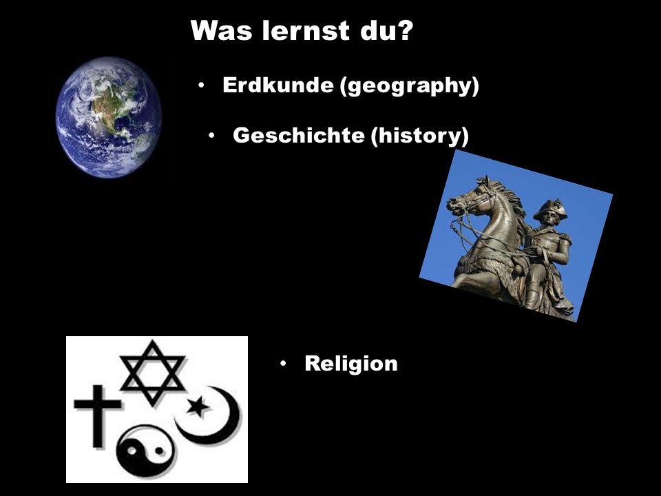 Was lernst du Erdkunde (geography) Geschichte (history) Religion
