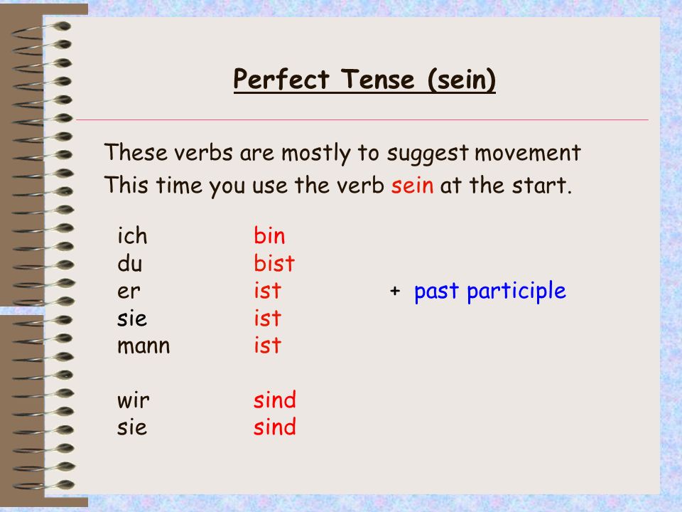 Perfect Tense (sein) These verbs are mostly to suggest movement