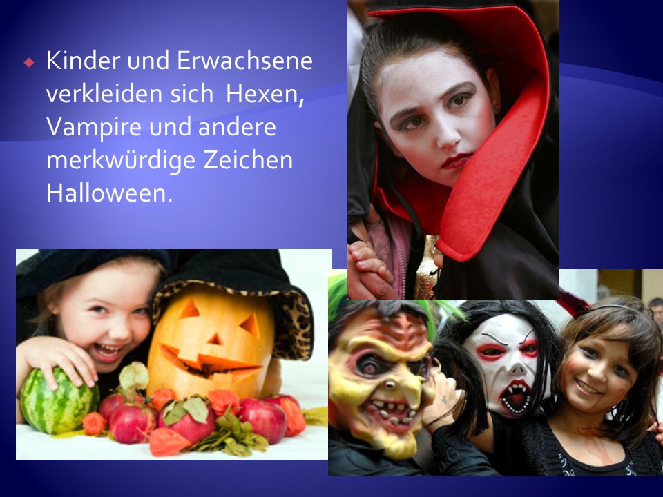Kinder und Erwachsene verkleiden sich Hexen, Vampire und andere merkwürdige Zeichen Halloween.
