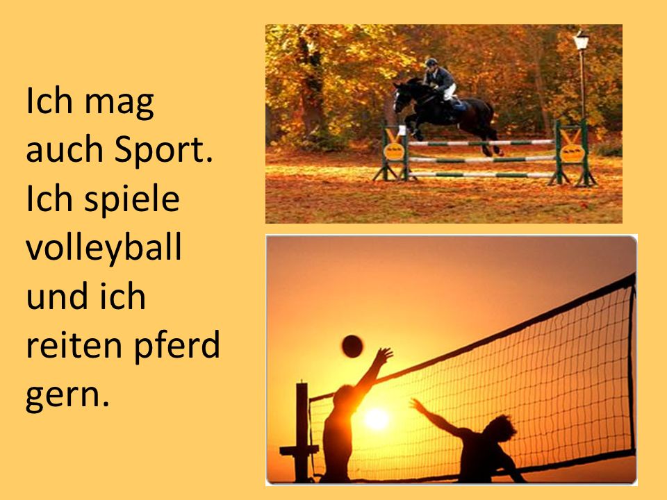 Ich mag auch Sport. Ich spiele volleyball und ich reiten pferd gern.