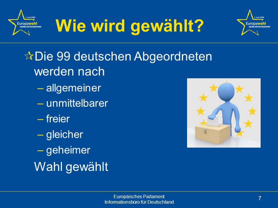 Wie wird gewählt Die 99 deutschen Abgeordneten werden nach