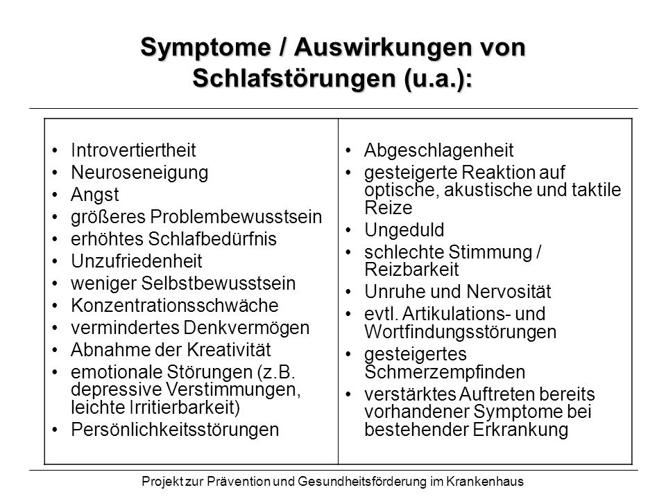 Symptome / Auswirkungen von Schlafstörungen (u.a.):