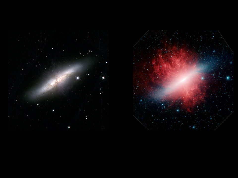 M82, ein Beispiel, wie unterschiedlich das Weltall in sichtbarem (links) und Infraroten Licht aussieht.