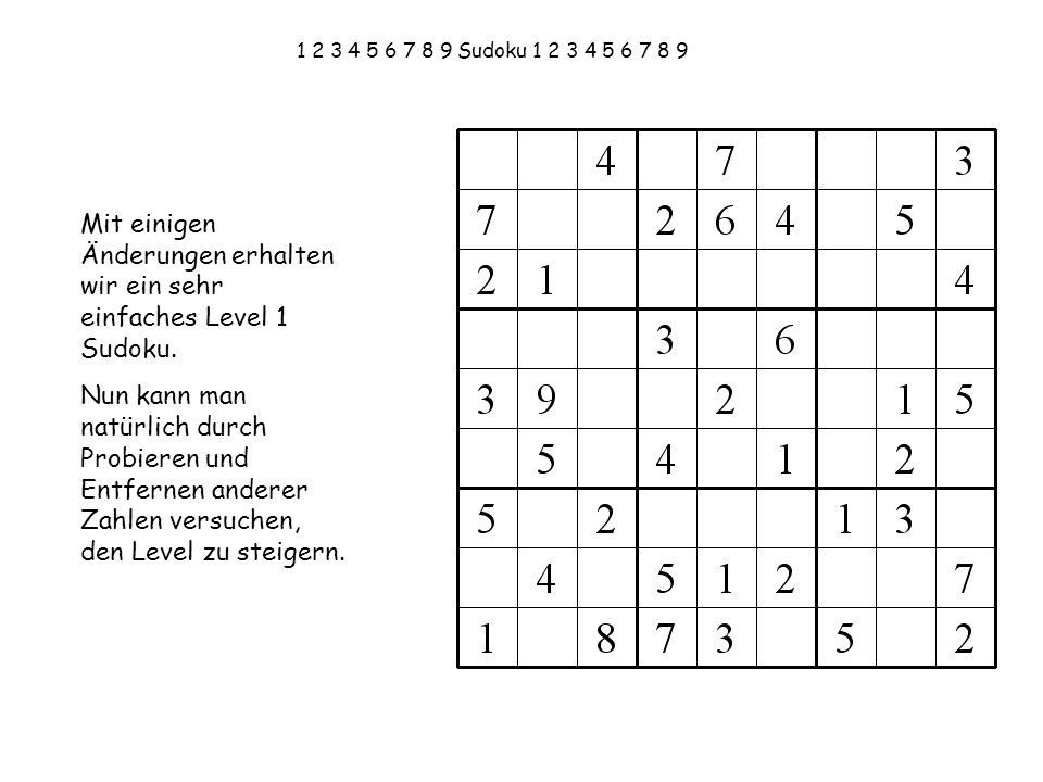 Mit einigen Änderungen erhalten wir ein sehr einfaches Level 1 Sudoku.