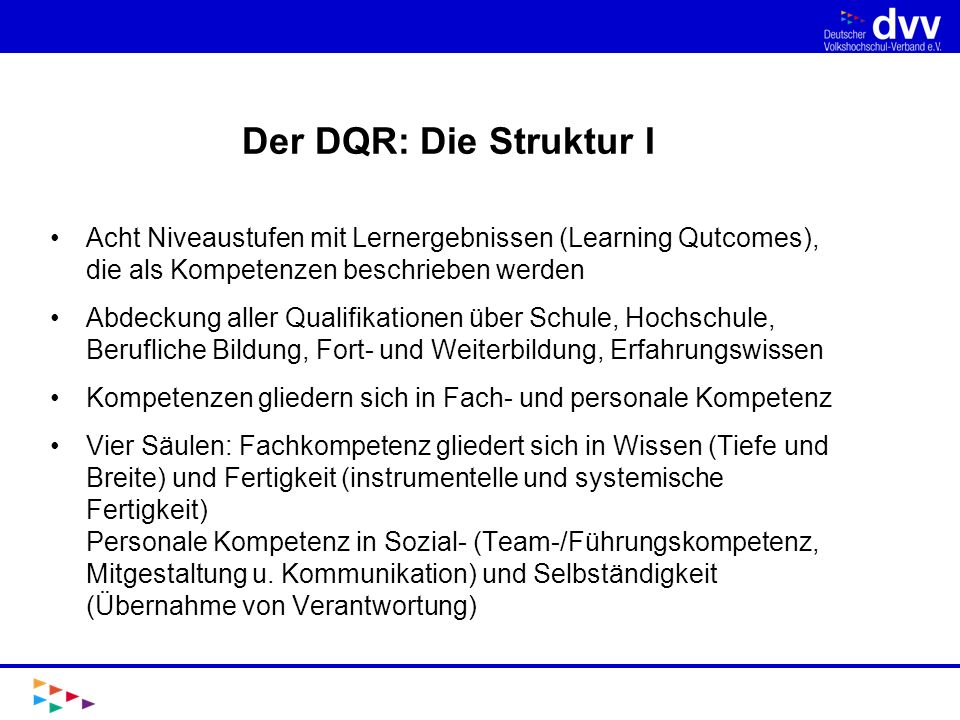 Der DQR: Die Struktur I Acht Niveaustufen mit Lernergebnissen (Learning Qutcomes), die als Kompetenzen beschrieben werden.