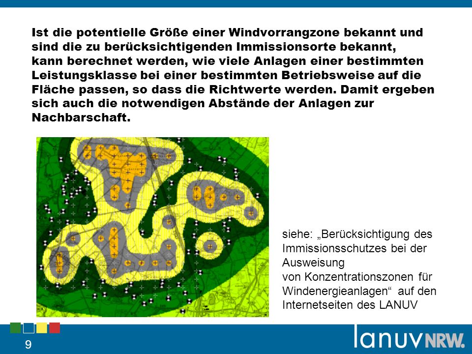 Ist die potentielle Größe einer Windvorrangzone bekannt und sind die zu berücksichtigenden Immissionsorte bekannt, kann berechnet werden, wie viele Anlagen einer bestimmten Leistungsklasse bei einer bestimmten Betriebsweise auf die Fläche passen, so dass die Richtwerte werden. Damit ergeben sich auch die notwendigen Abstände der Anlagen zur Nachbarschaft.