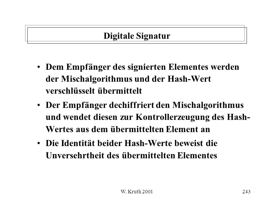 Digitale Signatur Dem Empfänger des signierten Elementes werden der Mischalgorithmus und der Hash-Wert verschlüsselt übermittelt.