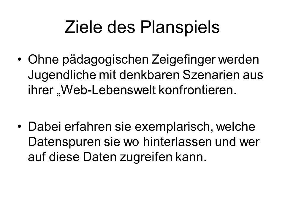 Ziele des Planspiels Ohne pädagogischen Zeigefinger werden Jugendliche mit denkbaren Szenarien aus ihrer „Web-Lebenswelt konfrontieren.