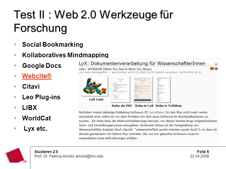 Test II : Web 2.0 Werkzeuge für Forschung
