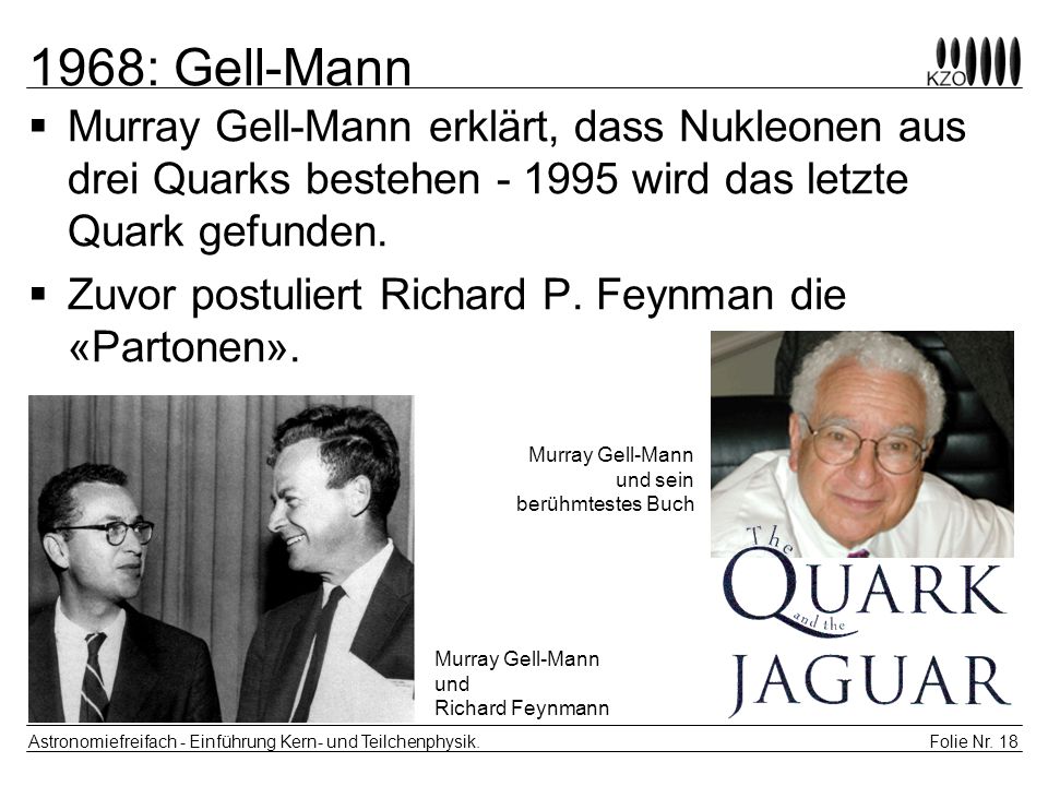1968: Gell-Mann Murray Gell-Mann erklärt, dass Nukleonen aus drei Quarks bestehen wird das letzte Quark gefunden.