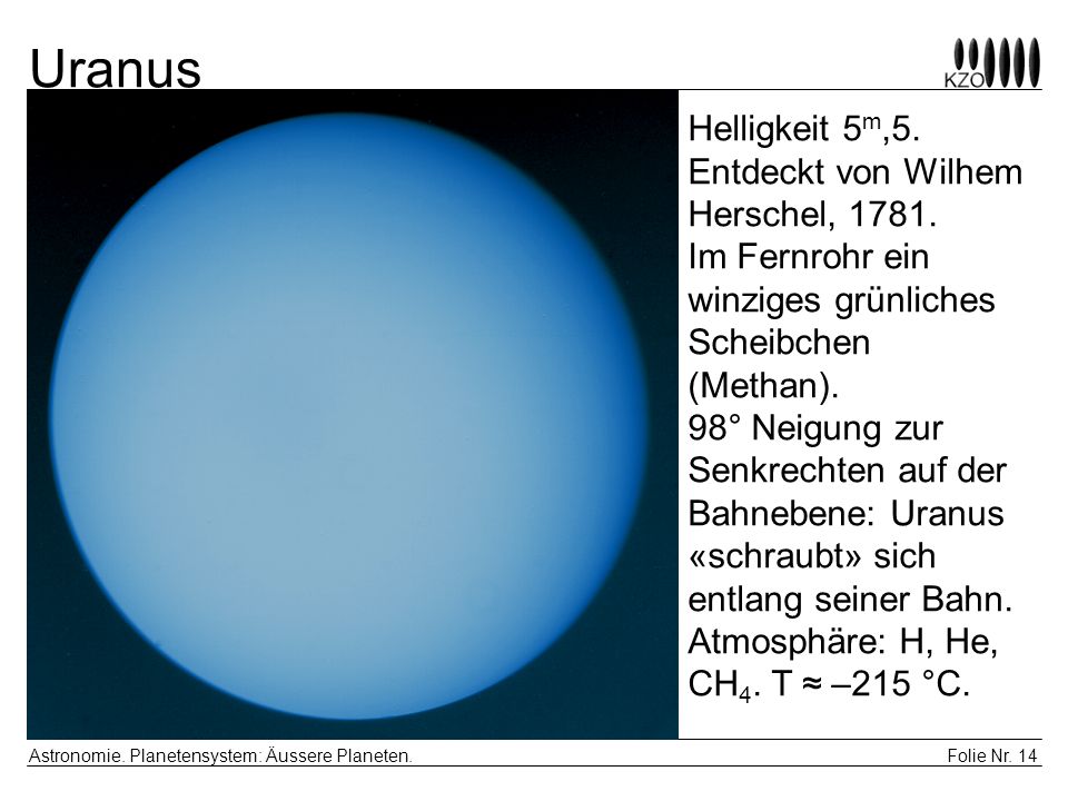 Uranus Helligkeit 5m,5. Entdeckt von Wilhem Herschel, 1781.