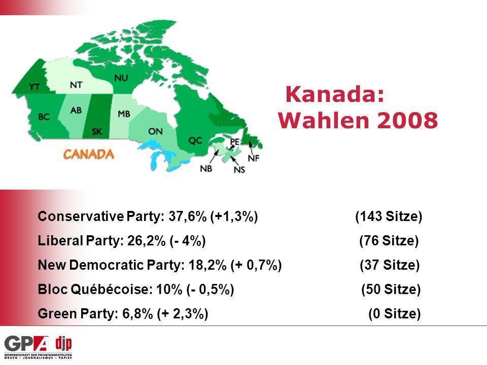 Kanada: Wahlen 2008 Conservative Party: 37,6% (+1,3%) (143 Sitze)