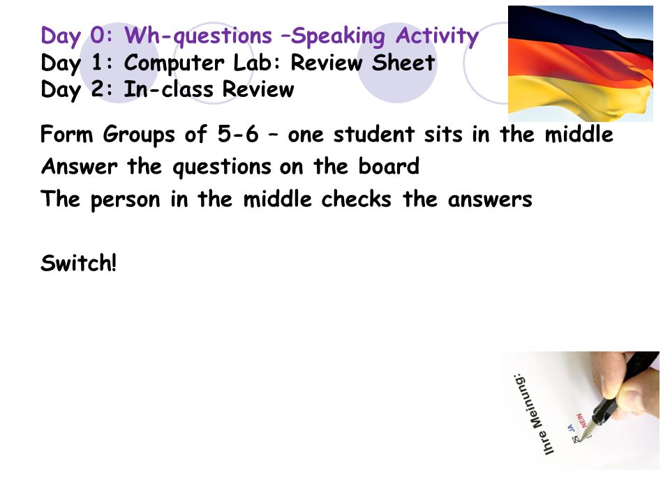 Day 0: Wh-questions –Speaking Activity Day 1: Computer Lab: Review Sheet Day 2: In-class Review