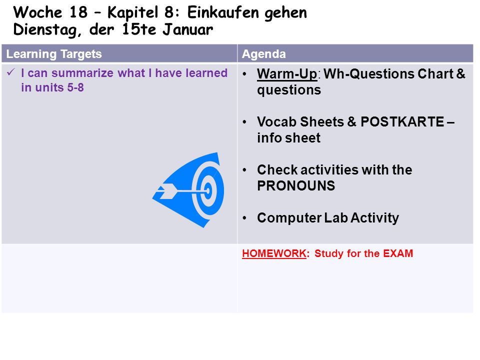 Woche 18 – Kapitel 8: Einkaufen gehen Dienstag, der 15te Januar