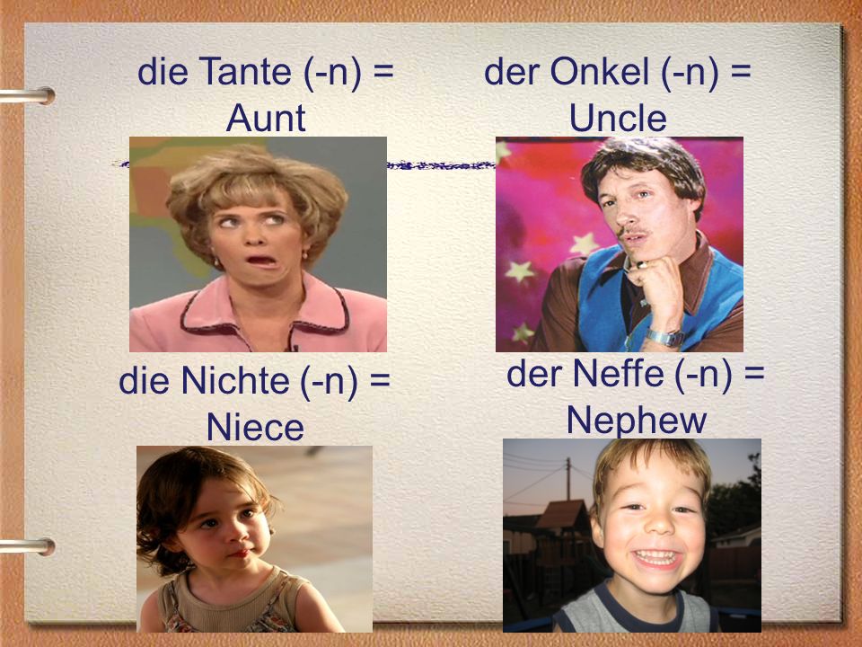 die Tante (-n) = Aunt der Onkel (-n) = Uncle der Neffe (-n) = Nephew die Nichte (-n) = Niece