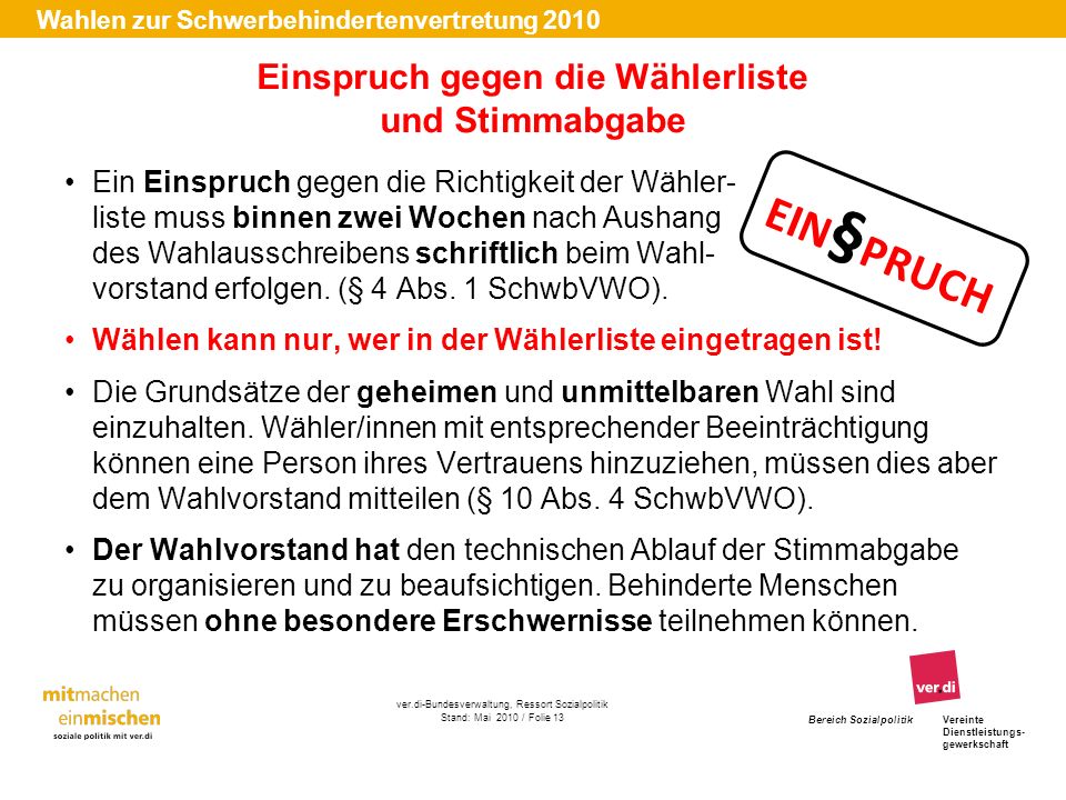 Einspruch gegen die Wählerliste und Stimmabgabe