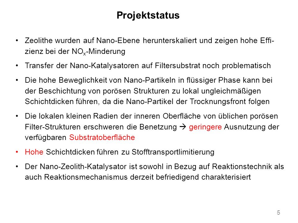 Projektstatus Zeolithe wurden auf Nano-Ebene herunterskaliert und zeigen hohe Effi- zienz bei der NOx-Minderung.