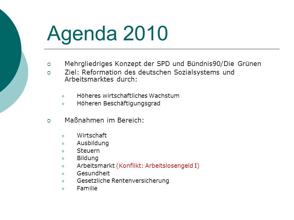 Agenda 2010 Mehrgliedriges Konzept der SPD und Bündnis90/Die Grünen