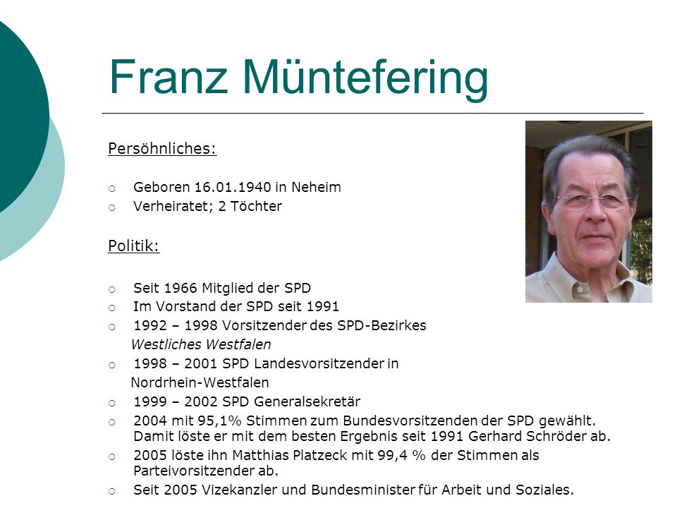 Franz Müntefering Persöhnliches: Politik: Geboren in Neheim