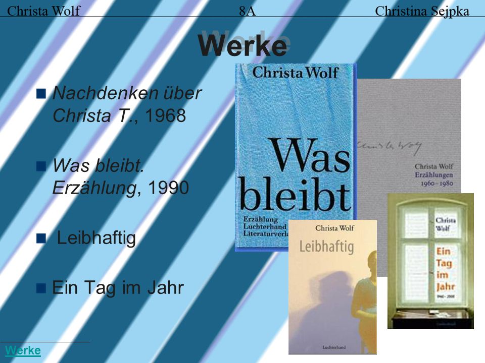 Werke Nachdenken über Christa T., 1968 Was bleibt. Erzählung, 1990