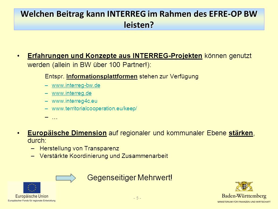 Welchen Beitrag kann INTERREG im Rahmen des EFRE-OP BW leisten