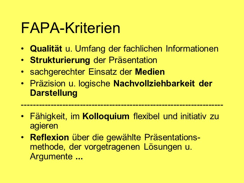 FAPA-Kriterien Qualität u. Umfang der fachlichen Informationen