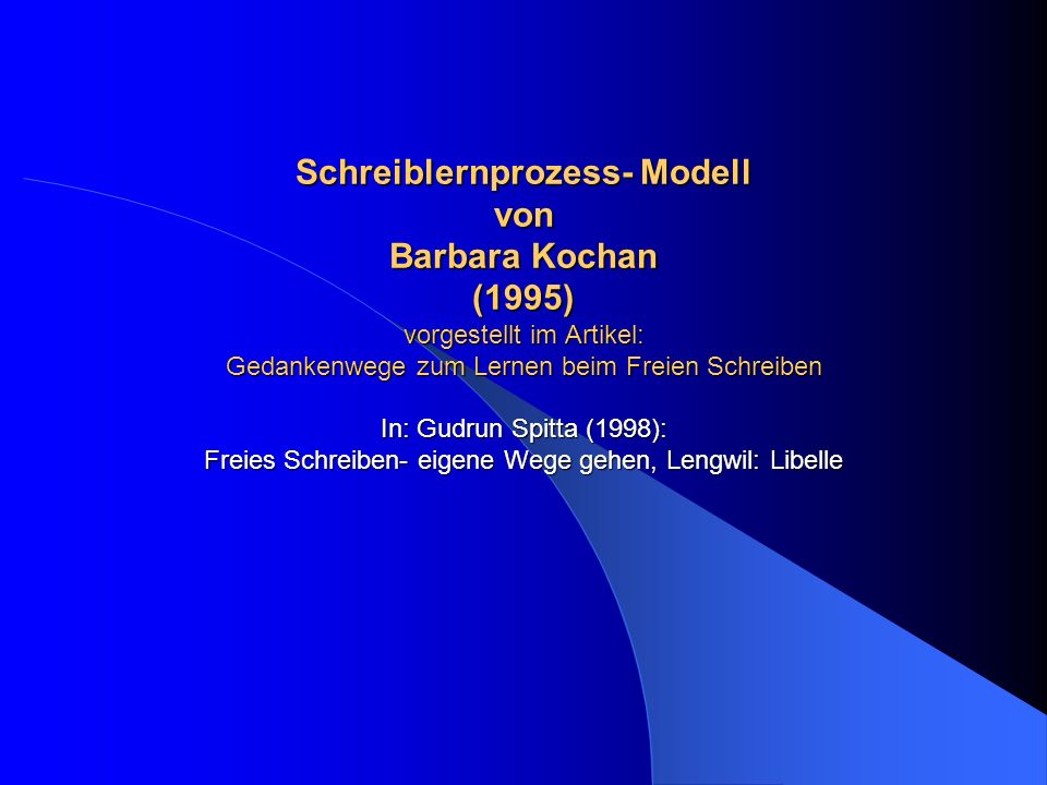 Schreiblernprozess- Modell von Barbara Kochan (1995) vorgestellt im Artikel: Gedankenwege zum Lernen beim Freien Schreiben In: Gudrun Spitta (1998): Freies Schreiben- eigene Wege gehen, Lengwil: Libelle