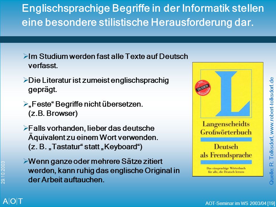 Englischsprachige Begriffe in der Informatik stellen eine besondere stilistische Herausforderung dar.