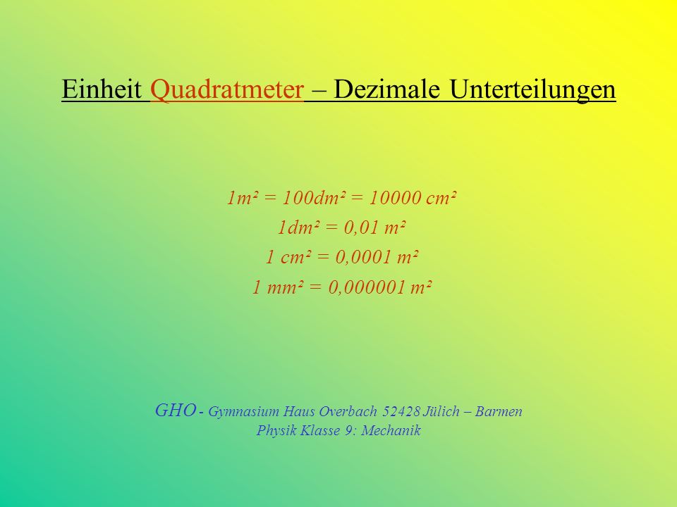 Einheit Quadratmeter – Dezimale Unterteilungen