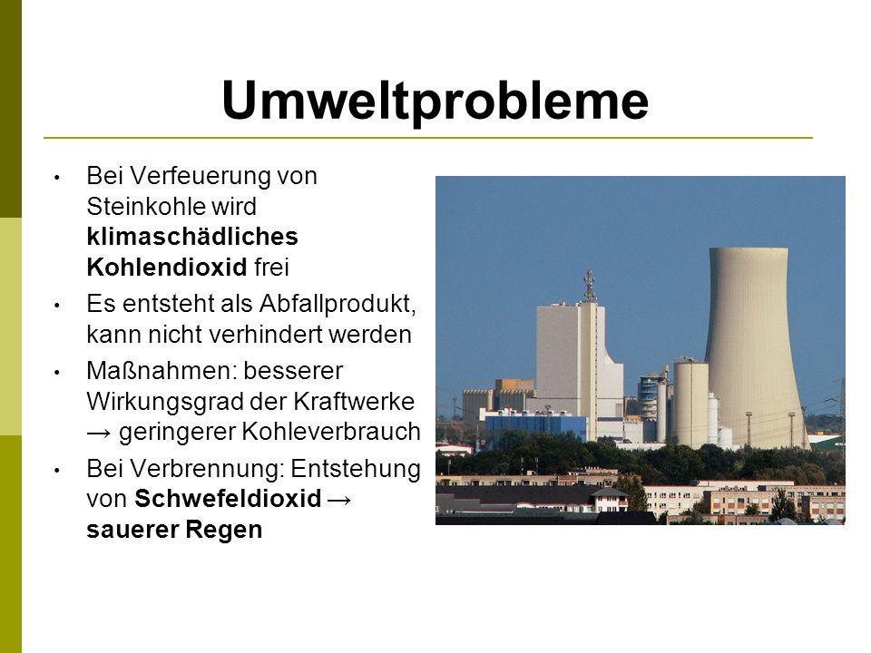 Umweltprobleme Bei Verfeuerung von Steinkohle wird klimaschädliches Kohlendioxid frei. Es entsteht als Abfallprodukt, kann nicht verhindert werden.
