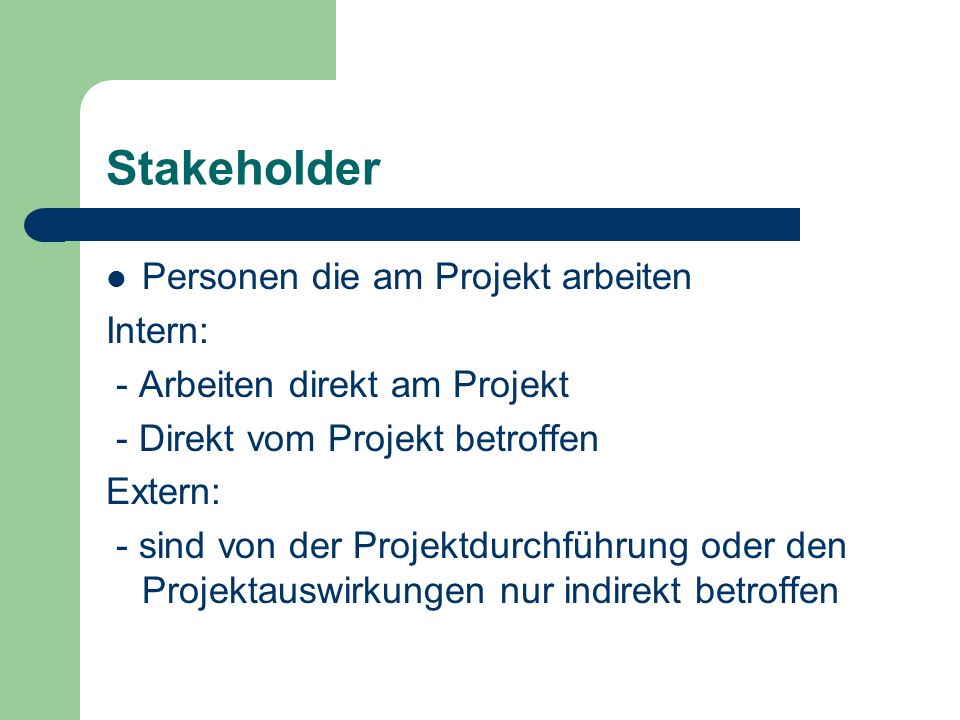 Stakeholder Personen die am Projekt arbeiten Intern: