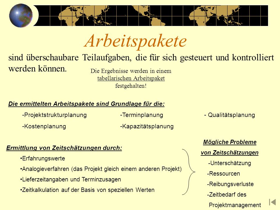 Arbeitspakete sind überschaubare Teilaufgaben, die für sich gesteuert und kontrolliert werden können.