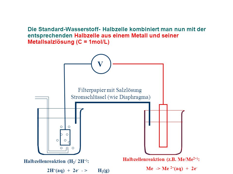 Die Standard-Wasserstoff- Halbzelle kombiniert man nun mit der entsprechenden Halbzelle aus einem Metall und seiner Metallsalzlösung (C = 1mol/L)