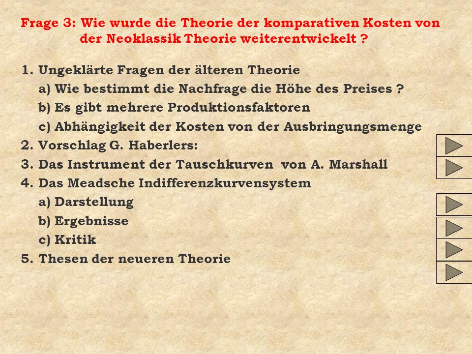 Frage 3: Wie wurde die Theorie der komparativen Kosten von der Neoklassik Theorie weiterentwickelt
