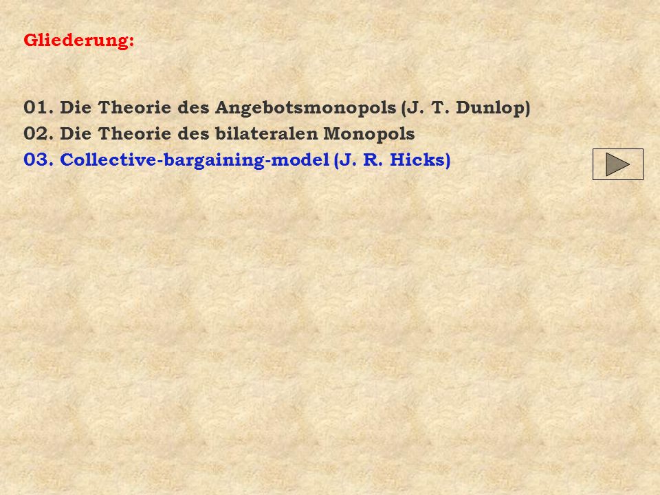 Gliederung: 01. Die Theorie des Angebotsmonopols (J. T. Dunlop) 02. Die Theorie des bilateralen Monopols.