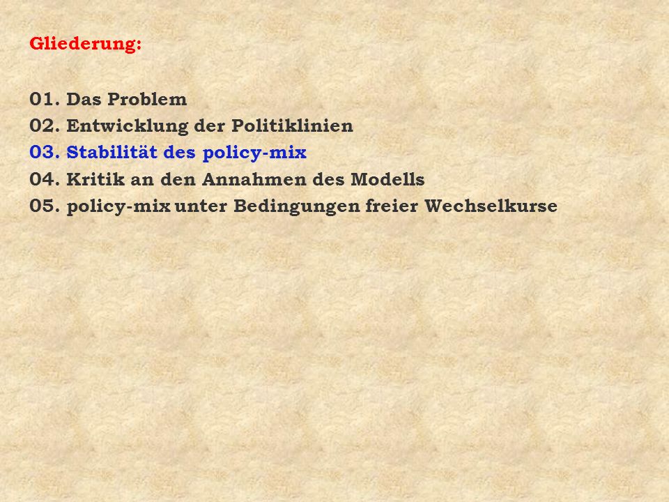 Gliederung: 01. Das Problem. 02. Entwicklung der Politiklinien. 03. Stabilität des policy-mix. 04. Kritik an den Annahmen des Modells.