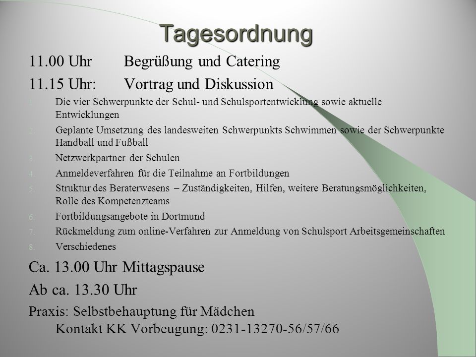 Tagesordnung Uhr Begrüßung und Catering