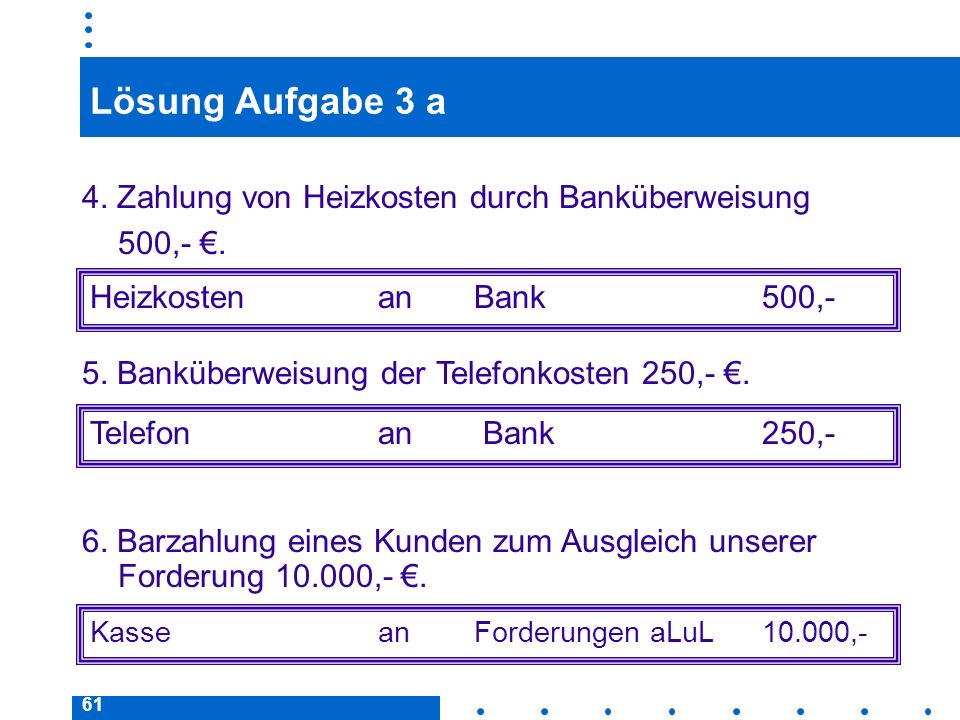 Lösung Aufgabe 3 a 4. Zahlung von Heizkosten durch Banküberweisung 500,- €. Heizkosten an Bank 500,-