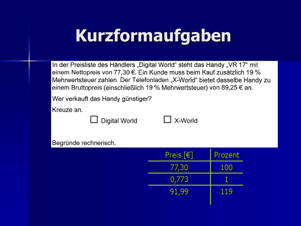 Kurzformaufgaben Preis [€] Prozent 77, , ,99 119