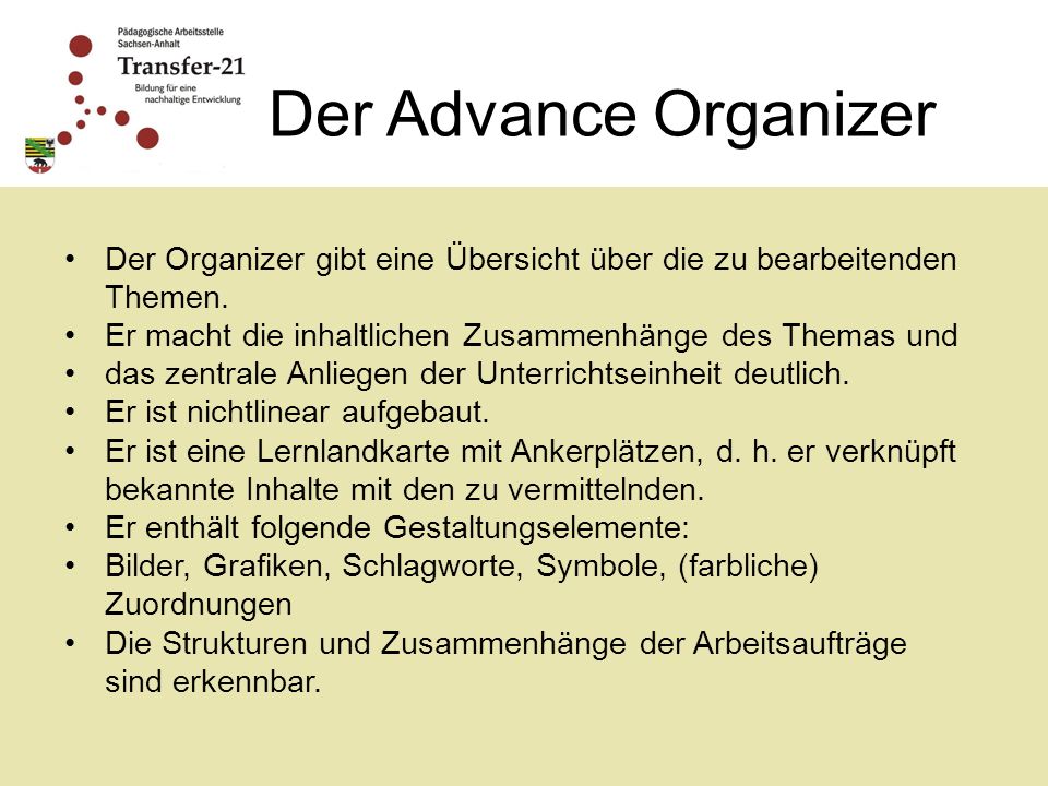 Der Advance Organizer Der Organizer gibt eine Übersicht über die zu bearbeitenden Themen. Er macht die inhaltlichen Zusammenhänge des Themas und.