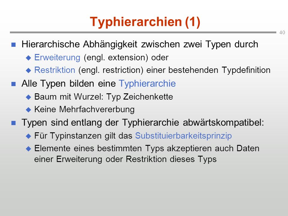 Typhierarchien (1) Hierarchische Abhängigkeit zwischen zwei Typen durch. Erweiterung (engl. extension) oder.