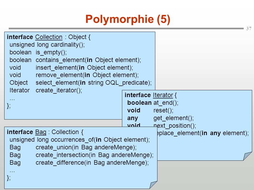 Polymorphie (5) interface Collection : Object { unsigned long cardinality(); boolean is_empty(); boolean contains_element(in Object element);