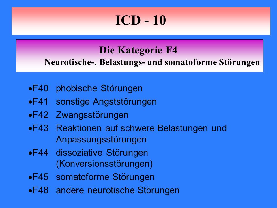 ICD - 10 Die Kategorie F4. Neurotische-, Belastungs- und somatoforme Störungen. F40 phobische Störungen.